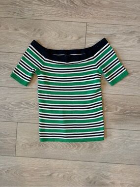 Tommy Hilfiger Top Womens Small S Off Shoulder Striped Ribbed Knit Green S/P